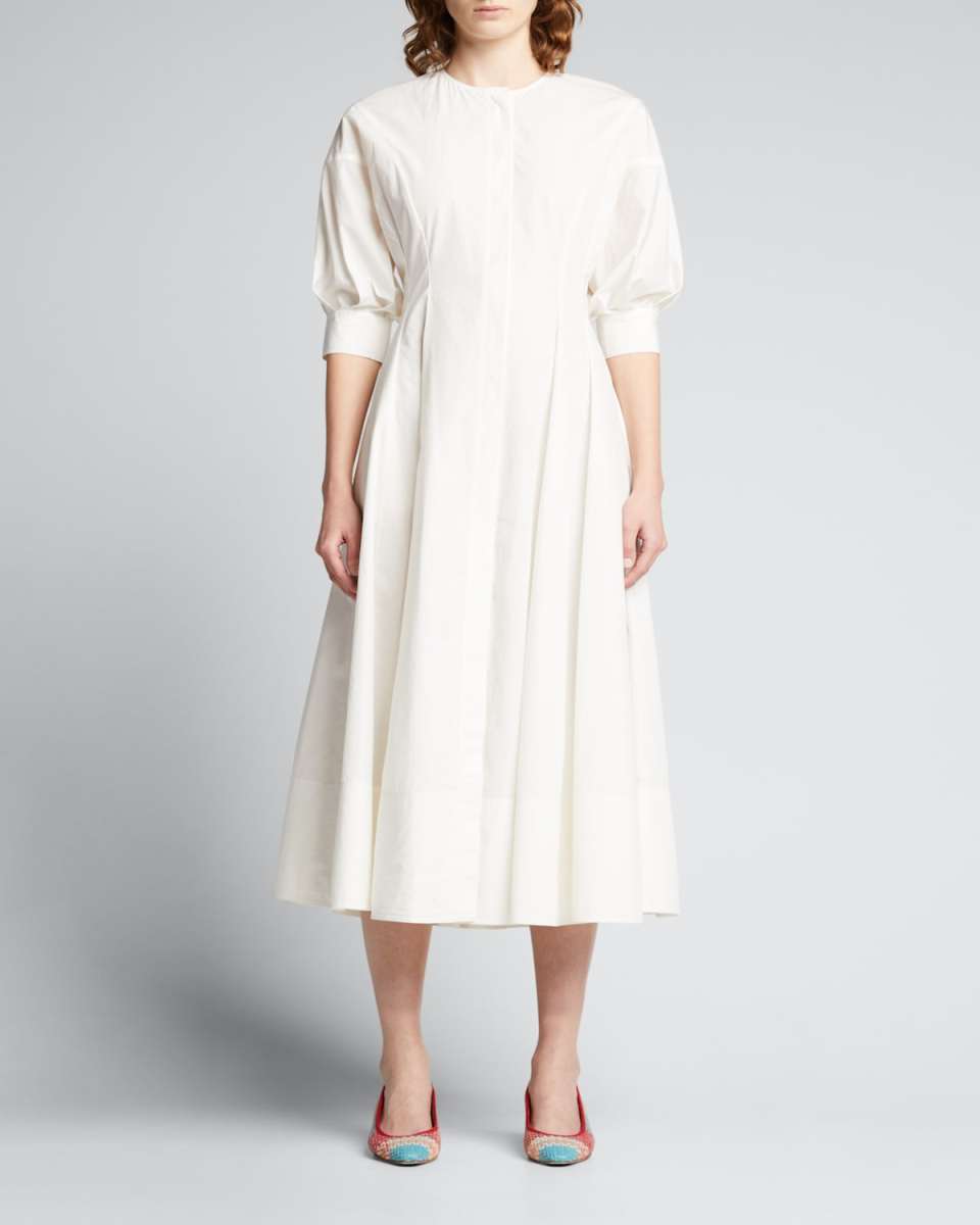 Balloon-Sleeve Fit-&-Flare Midi Dress